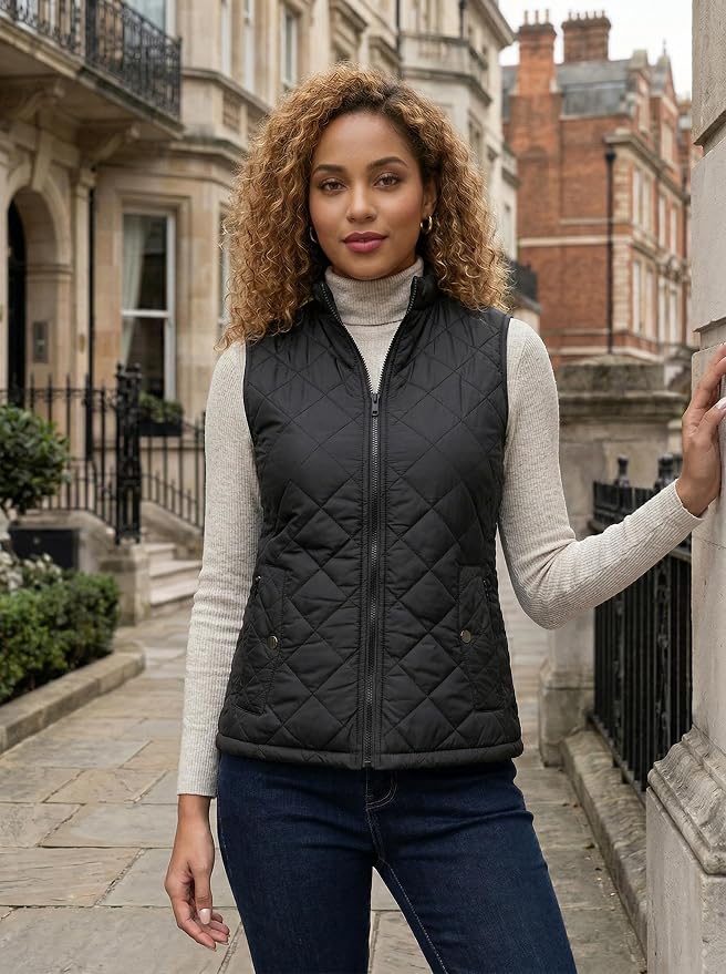 Fuinloth Women's Quilted Vest Lightweight Puffer Stand Collar Zip Gilet | 4 pockets with 2 inner storage. Quilted padded warm gilet. Fall winter outerwear layering vest for travel hiking daily wear.