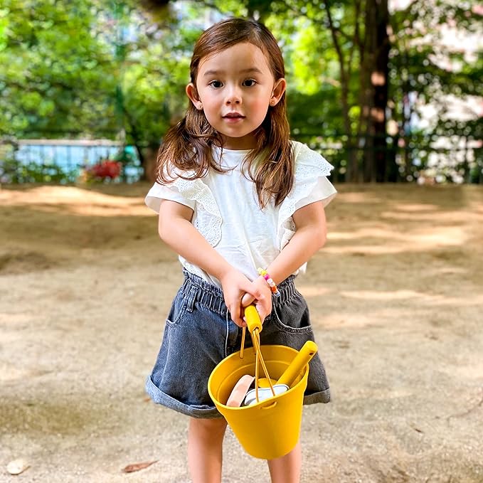BLUE GINKGO Silicone Beach Toys - Modern Baby | Travel Friendly Toys Set | Silicone Bucket, Shovel, 4 Sand Molds, Beach Bag | Sand Toys for Toddlers, Kids - Yellow