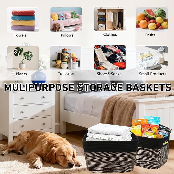 3 Pack Woven Baskets,Storage Baskets for Shelves with Handles | 13.5"×11"×9.5", Closet Baskets, Nursery Organizer for Toys Towels Books, Storage Bin for Living Room Bedroom (Black & Jute)