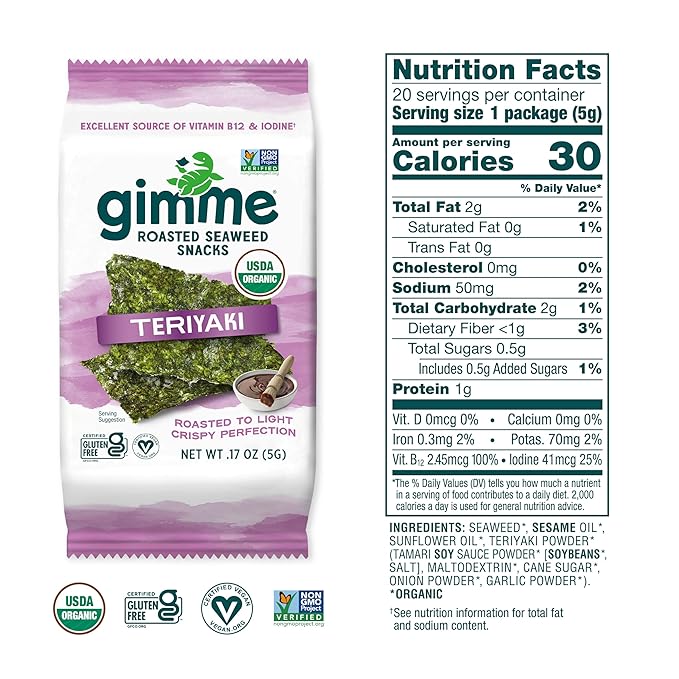 Gimme 20 CT Teriyaki Organic Roasted Seaweed Snacks, 5g, 0.17oz