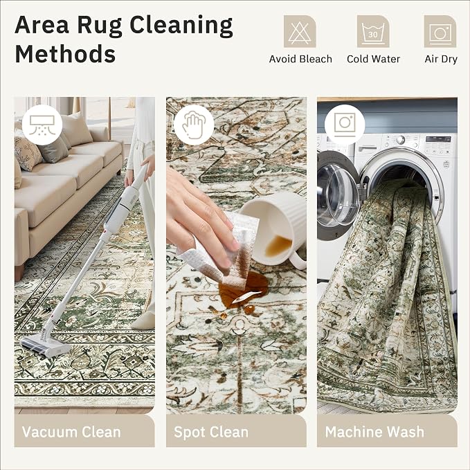 Soalmost 6x9 Area Rug for Living Room Washable Rugs Non-Slip Olive Beige | Low-Pile Vintage Carpet for Dining Bedroom, Foldable Thin Stain Resistant Floor Mat Under Table Home Office Nursery Decor