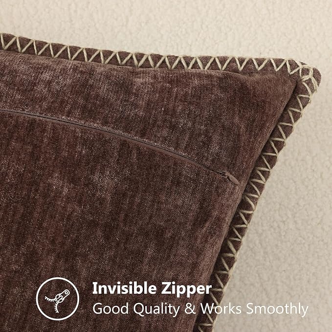 decorUhome Soft Chenille Throw Pillow Covers 20x20 Set of 2 Chocolate | Fall Textured Decorative Throw Pillow Cases Stitched Edge Modern Farmhouse Luxury Boho Velvet for Couch Sofa Bed Home Decor