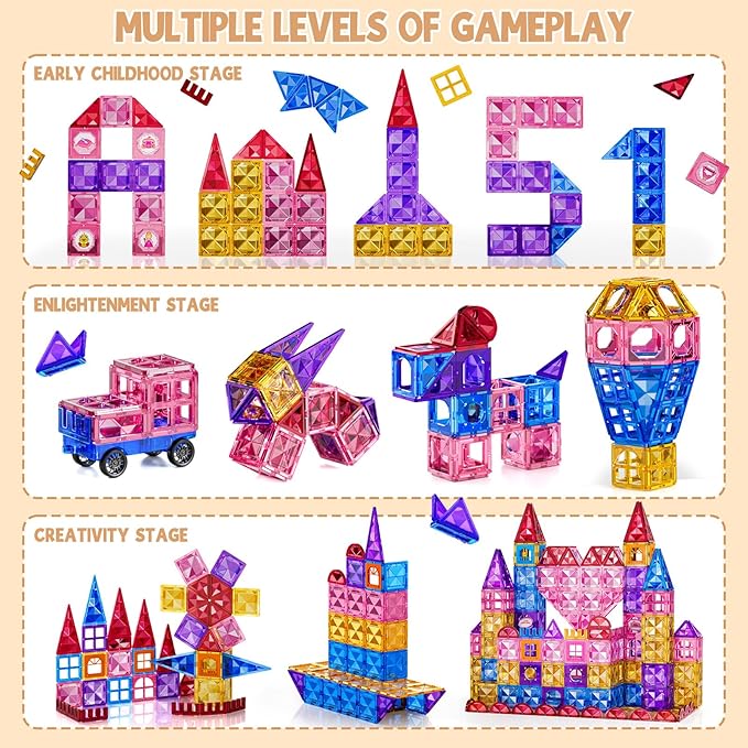 52 Pcs Magnetic Tiles for Kids Ages 4-8,Building Toys Magnetic Blocks for Kids Ages 4-8,Toddlers Educational Magnet Construction Set Magnets Tile,for 3 4 5 6 7 8 Kid Christmas Birthday Gifts