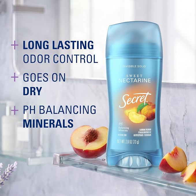 Secret Fresh Antiperspirant Deodorant for Women, 72hr Breathable Sweat & Odor Protection, Instant Freshness & Gentle, PH Balancing Minerals, Invisible Solid, Sweet Nectarine Scent, 2.6 oz