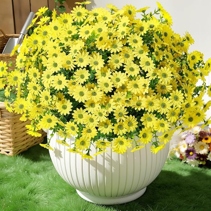 Alupssuc 40 Bundles Artificial Daisies Flowers Fake Silk Plant for Indoor Outdoor Decor, UV Resistant No Fade Faux Spring Flowers for Garden, Porch & Patio Decoration,Yellow