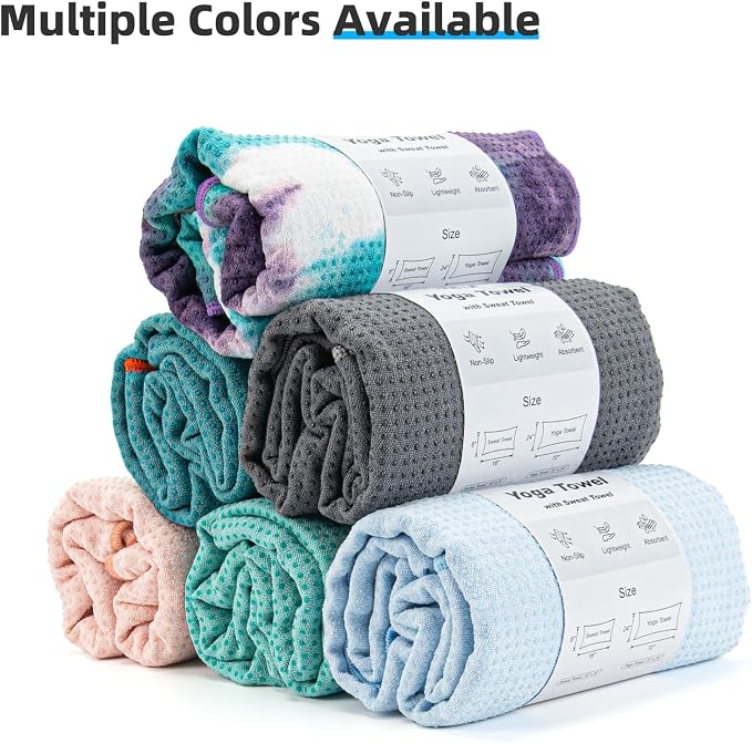 YESLIFE Non-Slip Extra Thick Hot Yoga Towel with One Sweat Towel, Microfiber Sweat Absorbent Yoga Mat Towel with Grip Dot, Pilates Mat, 72" x 24", Green&Purple