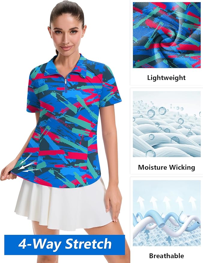 LOMON Womens Golf Polo Shirt Summer Short Sleeve Quarter Zip Outfit | Side-Pockets,Princess Seams,Cotton,Wrinkle Free,Moisture Wicking,Quick-Dry,Lightweight,Collared,for Tennis Workout