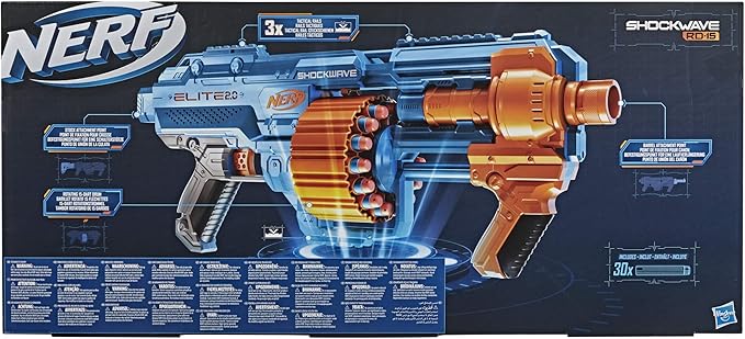 Nerf Elite 2.0 Shockwave RD-15 Dart Blaster, 30 Nerf Elite Darts, 15-Dart Rotating Drum, Kids Outdoor Toys for 8 Year Old Boys & Girls and Up (Amazon Exclusive)