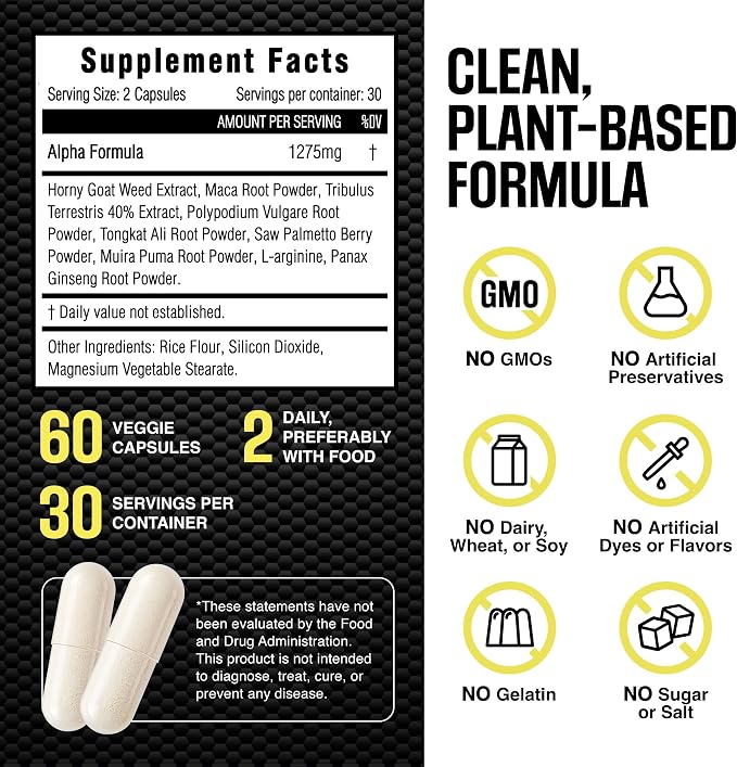 Alpha Testosterone Booster for Men - Increase Size Enlargement Pills for Men - Male Enhancing Supplement Energy, Strength, Stamina, Endurance, Performance - Male Enhancement Testosterona Para Hombre