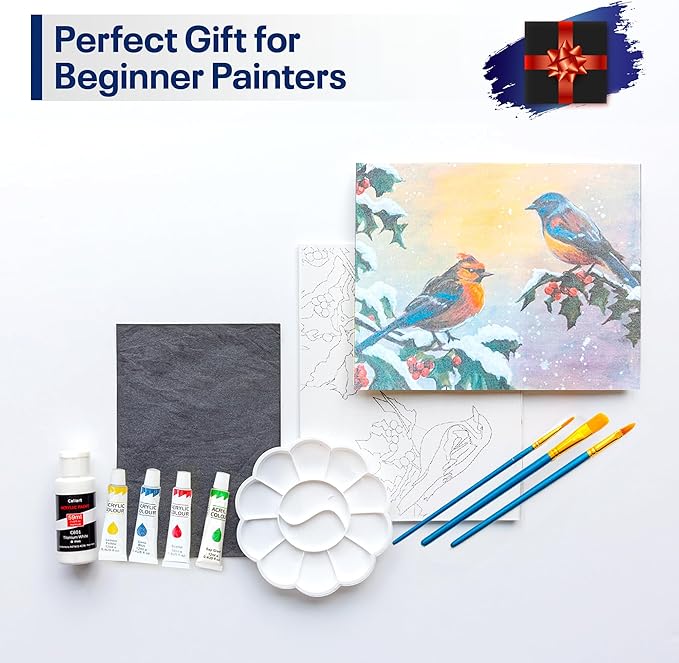 Painting4Real DIY Painting Class Kit for Adults with Video Tutorials: Learn to Paint Winter Birds – Indoor Christmas Decorations – Hang Christmas Picture/Art as Wall Decor Once Completed