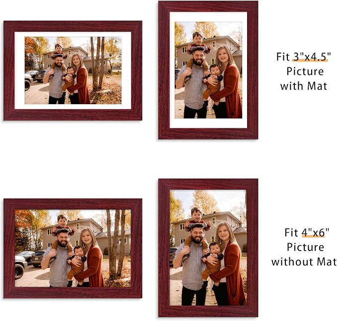 Picrit 4x6 Picture Frame Set of 12, Display 3.5x5 with Mat or 4x6 Without Mat, Photo Frames for Wall Mounting or Table Top Display, Dark Red Wood