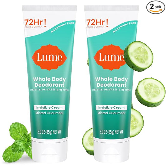 Lume Whole Body Deodorant - Invisible Cream Tube - 72 Hour Odor Control - Aluminum Free, Baking Soda Free, Skin Safe - 3.0 ounce (Pack of 2) (Minted Cucumber)