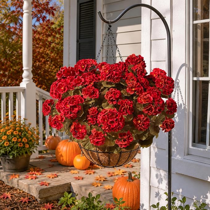 Fake Geraniums Artificial Flowers for Outdoors Fall Autumn Decoration, 6 Bundles Silk Geraniums Look Real Faux Fall Flowers Plants for Front Door Garden Planter Patio Balcony Yard Home Indoor, Red