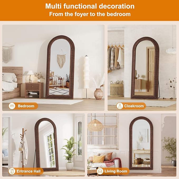 ZHUNFA External Three-Layer Arched Full Length Mirror with Solid Wood Frame | 71x32 Modern Farmhouse Decor Standing Mirror Full Length, Wall Mounted, Leaning, Standing for Bedroom, Living Room, Brown.
