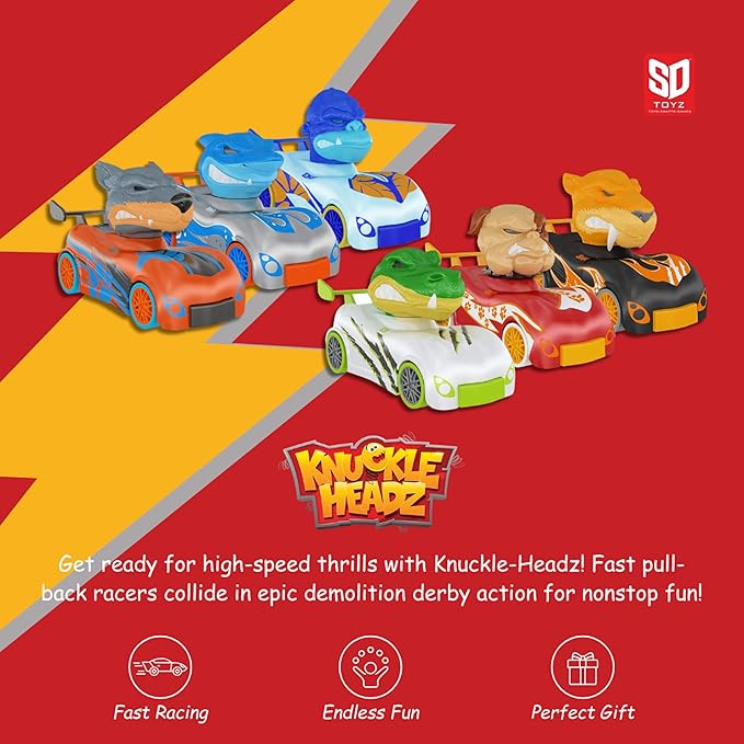 Knuckle Headz Pop-Up Racer Car Toy, Friction-Powered Pull Back Race Car, Head Popping Fun Gift for Kids, Boys, Girls, Ages 3+, Shark