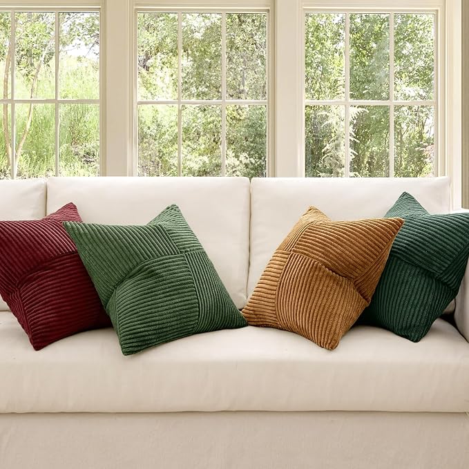MIULEE Boho Christmas Green Decorative Throw Pillow Covers 18x18 Set of 4 Farmhouse Cushion Covers Color-Clash Corduroy Pillow Cases Modern Soft Corduroy Patchwork Home Decor for Couch Sofa Bedroom
