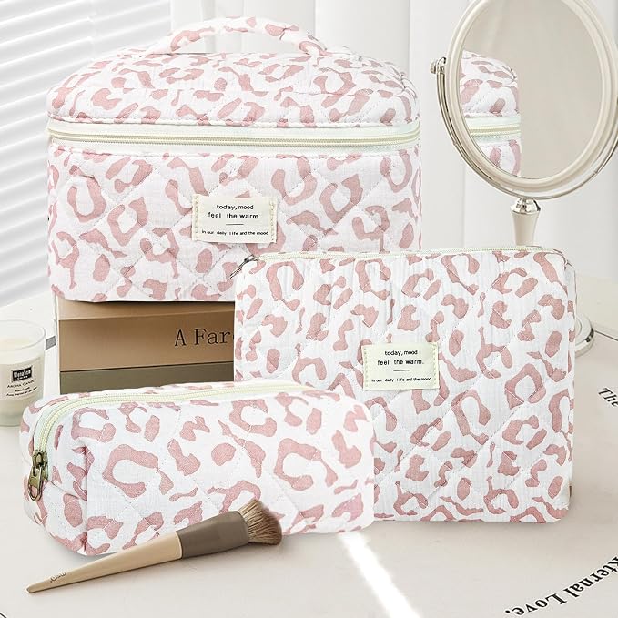 GISMTR 3Pcs Makeup Bag Cotton Quilted Travel Cosmetic Bag Cute Floral Makeup Pouch Large Toiletry Bag for Women Girls