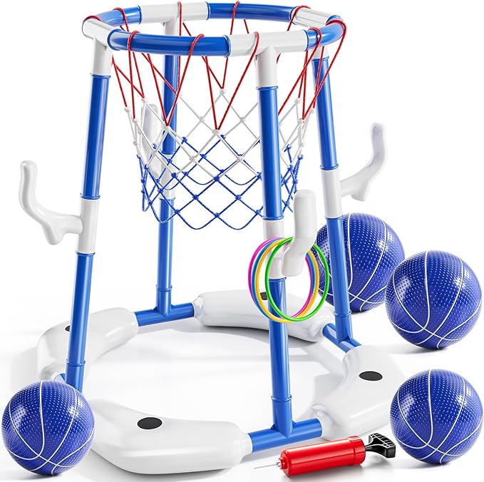 Pool Basketball Hoop, 2-in-1 Floating Pool Toys Ring Game with 4 Balls and Pump, Outdoor Swimming Pool Basketball Games Water Play Toy Family Party for Kids Adults Age 3-12 (Blue)