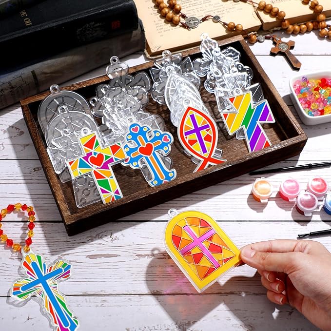 30 Sets Cross Suncatchers Window Art Kits, Sunday School Christian DIY Sun Catchers Bulk Religious Crafts Paint Your Own Cross Window Ornaments for Boys Girls Home Classroom Party Decor