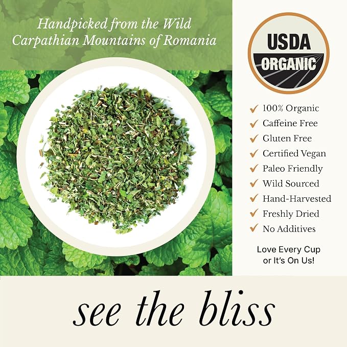 Organic Lemon Balm Tea - Caffeine Free Loose Leaf Herbal Tea - Pharmacopoeia Potency - 25 Servings