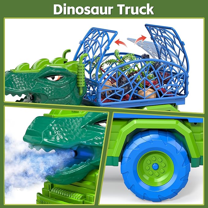 TEMI Dinosaur Truck Toys for Kids 3-5, Tyrannosaurus Transport Car Carrier Truck with Spray, 8 Dinosaur Figures, 3 Cars and 6 Eggs, Gifts for Boys and Girls 3 4 5 6 7