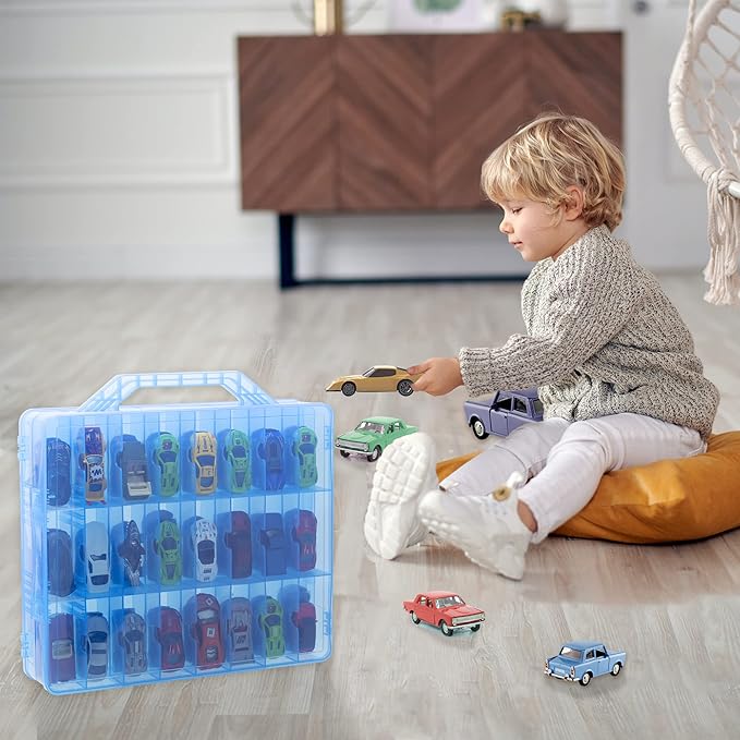 Double Sided Storage Case for 48 Cars, Matchbox Cars, Mini Toys, Small Dolls - Portable Transparent Case (Blue)