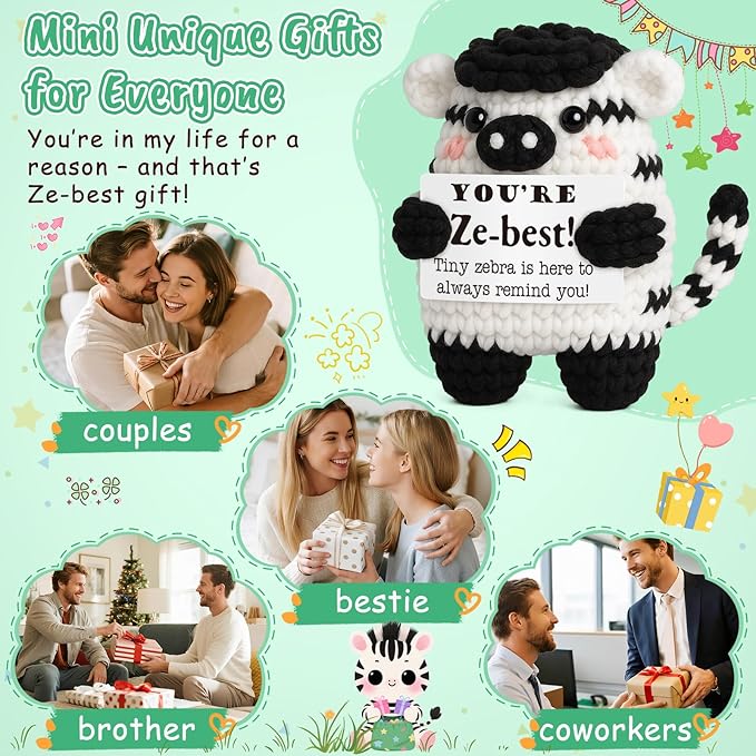 Mini Inspirational Gifts for Women Men, Christmas Thanksgiving Birthday Gifts for Daughter Son Handmade Zebra Positive Crochet Animals for Couples Friends Coworkers Bosses Christmas Stocking Stuffer
