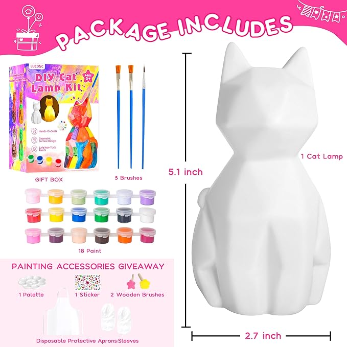 lucdnc Paint Your Own Cat Lamp Kit DIY Night Light Arts & Crafts Supplies Painting Kits for Kids Birthday Easter Christmas Gifts Stocking Stuffer Toys for Teens Girls Boys Ages 3-12+