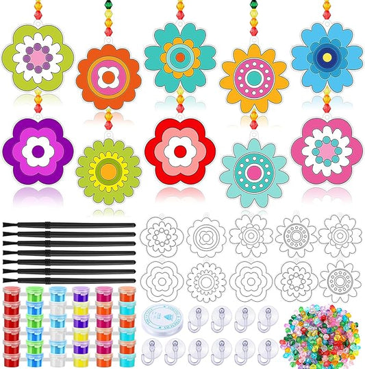 30 Sets Flower Suncatchers Window Art Kits, Spring DIY Sun Catchers Crafts Paint Your Own Window Ornaments for Boys Girls Classroom Home Birthday Activity Party Decor(Flower Style)