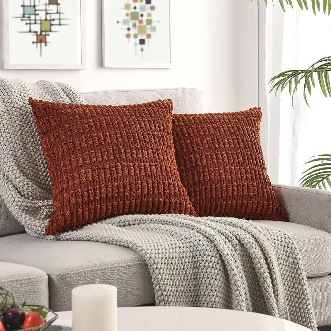 Volcanics Pack of 2 Fall Rust Decorative Throw Pillow Covers 18x18 Inch | Soft Corduroy Striped Square Cushion Cases, Modern Farmhouse Boho Home Decor for Couch Bed Sofa Living Room