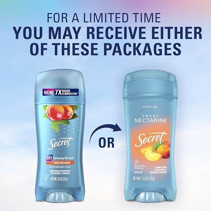 Secret Fresh Antiperspirant Deodorant for Women, 72hr Breathable Sweat & Odor Protection, Instant Freshness & Gentle, PH Balancing Minerals, Invisible Solid, Sweet Nectarine Scent, 2.6 oz