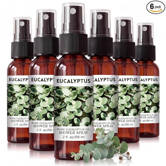 Frienda 6 Pack Eucalyptus Shower Spray with Essential Oils Portable Travel Mist Spray for Spa and Sauna Steam Room Aromatherapy for Women Teacher Staff Employee Thank You Gift 2oz (Eucalyptus)