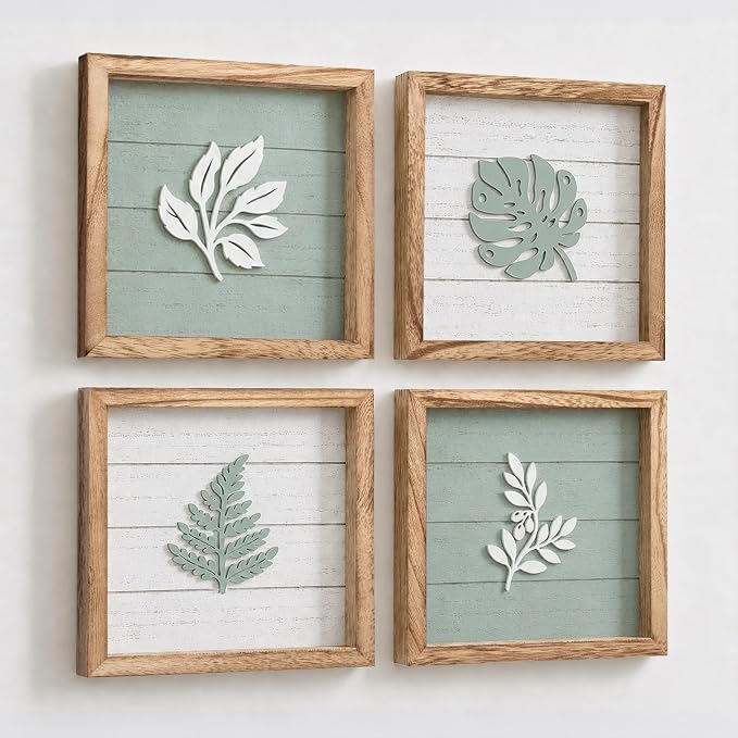 Tide and Tales Leaves of Meaning 3D Sage Green Wall Art (Set of 4) Framed Boho Wall Art for Living Room, Bedroom & Bathroom, House Warming Gifts for New Home, Botanical Farmhouse Home Decor 10"x10"