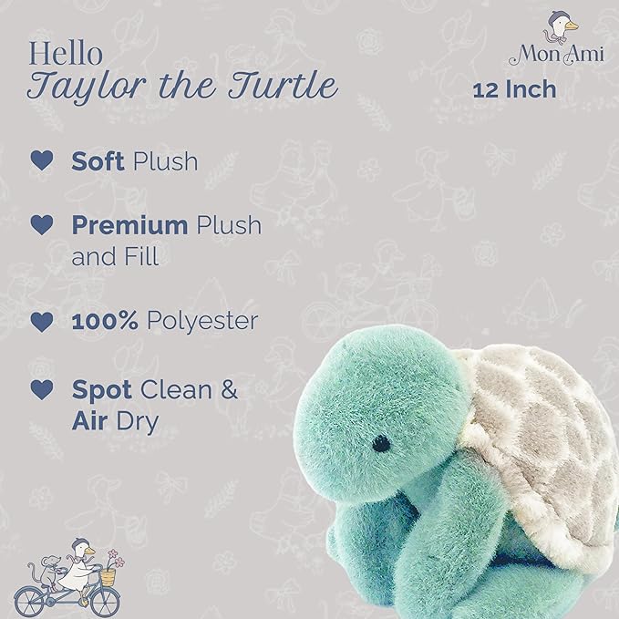 MON AMI Taylor The Turtle Stuffed Animal – 12”, Sea Turtle Plush Toy, Use as Toy/Nursery Room Décor, Gifts for Kids of All Ages, Ocean Animals