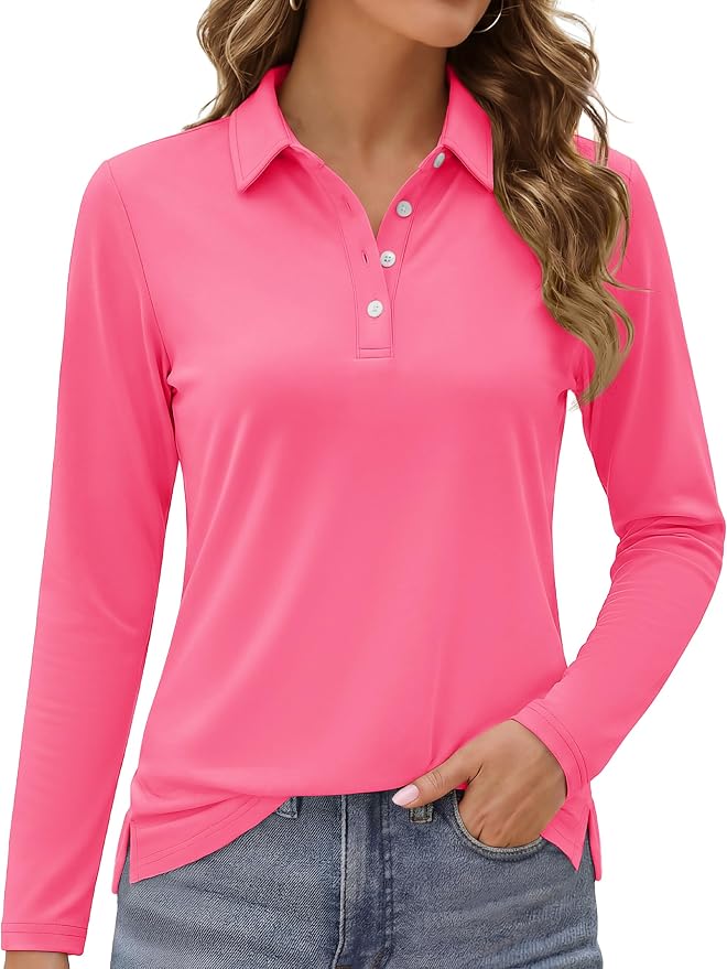 MAGCOMSEN Long Sleeve Polo Shirts for Women Golf Tops with Collar Work | UPF 50+ Sun Protection, 4 Buttons, Moisture Wicking, Breathable, 4-Way Stretch, Collared, Quick Dry, Active, Casual, Tennis