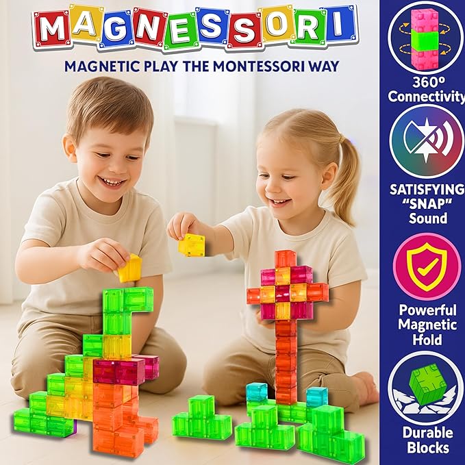 Magnetic Building Blocks – 48PCS Montessori Inspired STEM Building Cubes for Kids – Educational Toys for Toddlers & Preschoolers Colorful Safe & Durable Magnet Cubes for Creative Learning