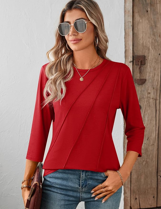 LOMON 3/4 Length Sleeve Womens Tops Spring Summer Fashion 2026 Tops Crew Neck Pleated Shirts Tunic Top Loose Fit