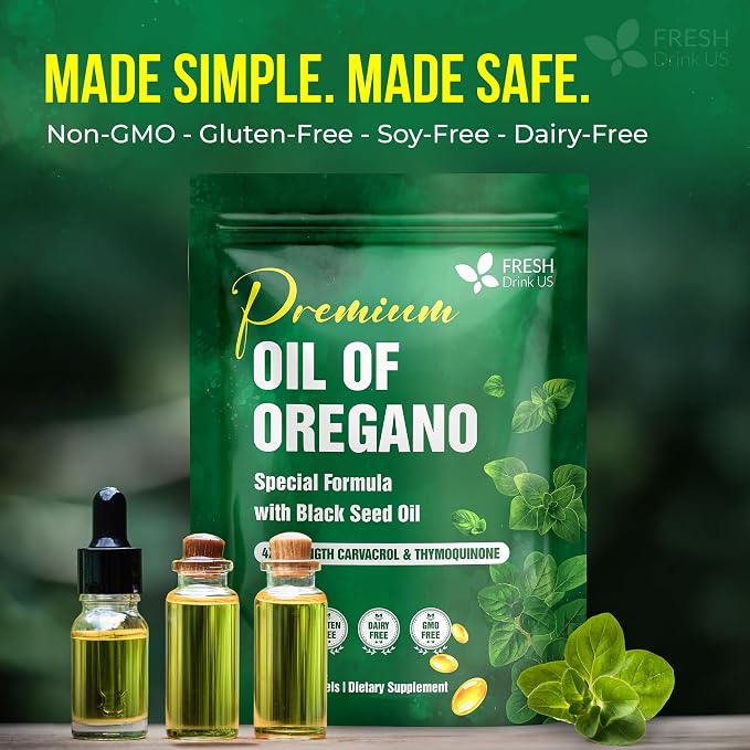 FreshDrinkUS, Premium Oregano Oil Softgels | 330 Count | Blend of 300mg Oregano Oil (Origanum minutiflorum) + 200mg Black Seed (Nigella sativa) – Plant-Based Source of Natural Antioxidants.