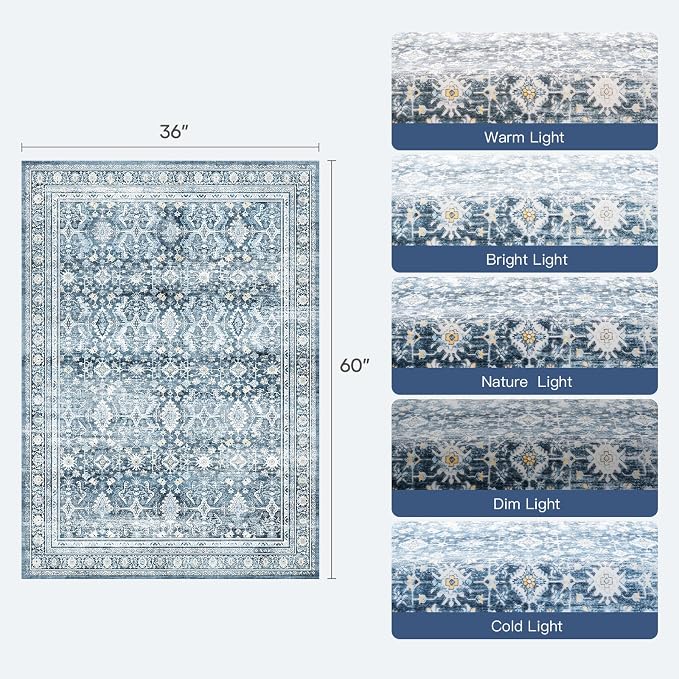 3x5 Area Rugs for Entryway, Blue Washablee Non-Slip Area Rug for Kitchen | Soft Area Rug for Dining Room Home Office Indoor Nursery, Stain Resistant, Low Pile, Vintage Boho Distressed Rug