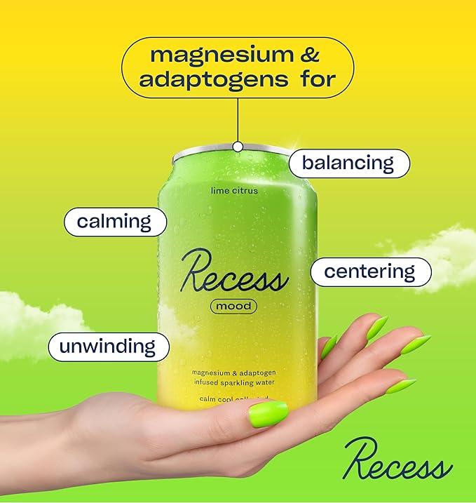 Recess Mood Lime Citrus Functional Sparkling Water, Magnesium & Adaptogen Infused Sparkling Water, 12 Fluid Ounce (Pack of 12)