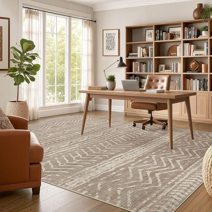 Nakagishi Area Rug Living Room Rugs: 11x15 Large Soft Machine Washable Boho Moroccan FarmNeutral Stain Resistant Indoor Floor Carpet for Bedroom Under Dining Table Home Office Decor-Dark Brown