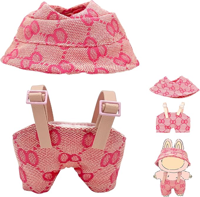 17 cm Doll Clothes Set, Pink Hat & Overalls Clothes 2-Piece Set for 15/17 cm lab, Stylish Adorable Accessories for Doll, Stylish Outfit for Boys Girls Birthday Collectors (2PC Pink)