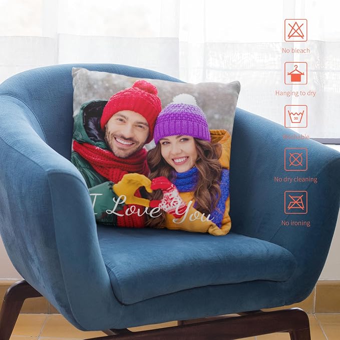 Easycosy Custom Pillow with Picture & Text, Two-Sides Velvet Customized Photo Pillowcase, 16"x16" Personalized Pillowcover with Photo, Custom Valentines Decor Love Gifts (Optional Pillow Insert)