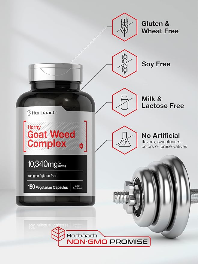 Horbäach Horny Goat Weed Complex | 180 Capsules | Vegetarian, Non-GMO, and Gluten Free Formula with Tribulus, Maca, Yohimbe, and L-Arginine