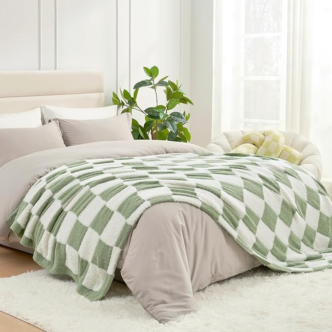 Snuggle Sac Sage Green Checkered Throw Blanket Faux Fur Knitted with Microfiber Yarn, Cozy Soft Warm Spring Blankets for Couch,Sofa,Bedroom,Sage Green Checker,50x60 inches