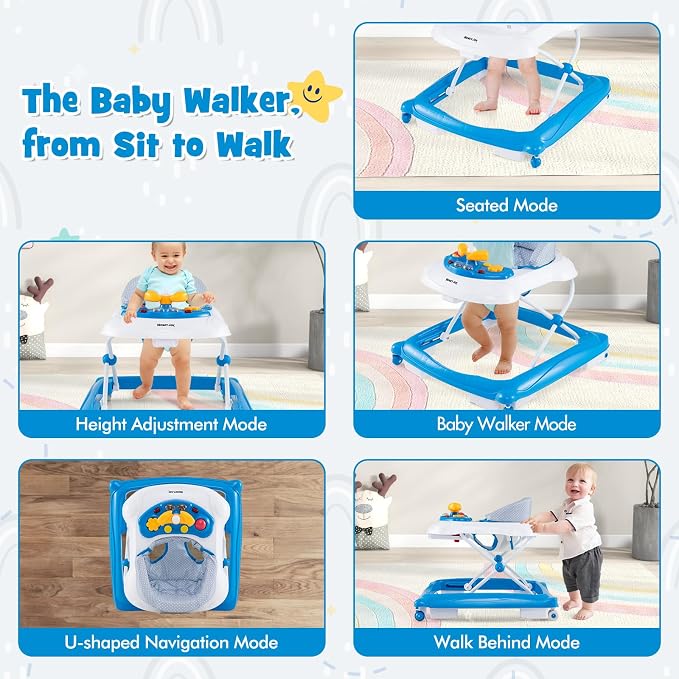 HONEY JOY Baby Walker, 5 in 1 Infant Activity Walker with Wheels, Music, Removable Cushion, Toddler Foldable Push Walker for Boys Girls, Anti-Rollover Walkers for Babies 7-14 Months (Blue)