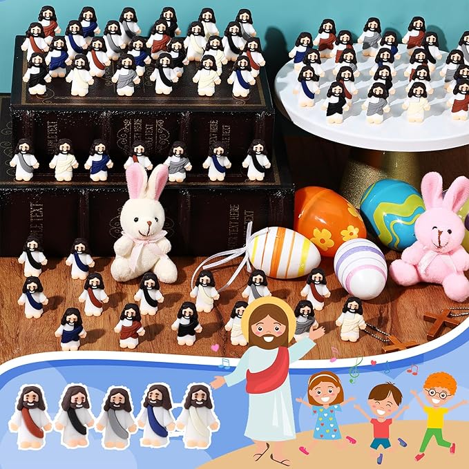 Bememo 300 Pcs Little Jesus Figures Bulk Original Design Mini Pocket Jesus Toys Rubber Figurine to Hide and Seek Religious Party Favors Sunday School Craft Baptism Gifts(Retro Color)