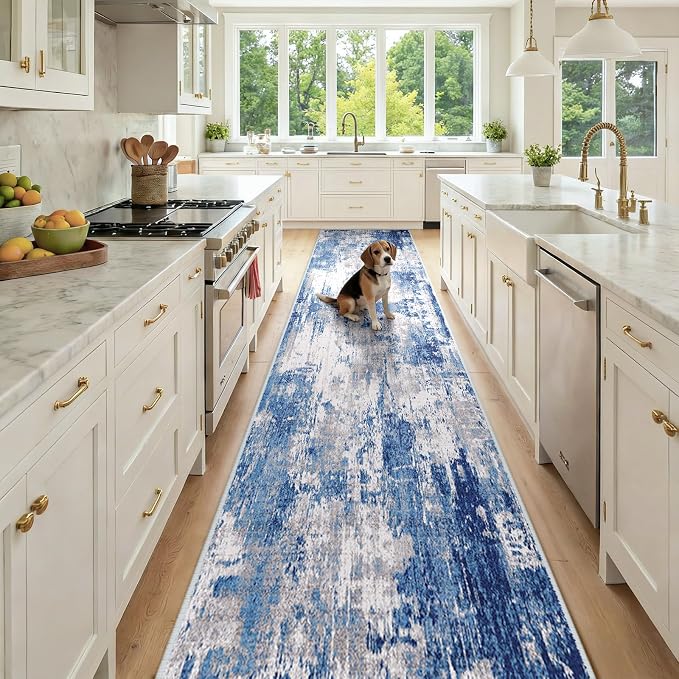 RELEANY Washable Runner 2'6"x12' Abstract Area Rug for Hallway Blue Gray | carpet for kitchen, entryway, bathroom, living room, bedroom, printed pattern, non-slip, soft, stain-resistant, easy to clean