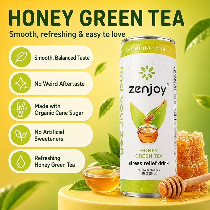 Adaptogen Drink Stress Relief Tea | Non Alcoholic Calming Drink w/Ashwagandha, Lemon Balm & L-Theanine for Focus | Stress Tea Calming Social Mocktail with Adaptogens (12 Pack, Honey)