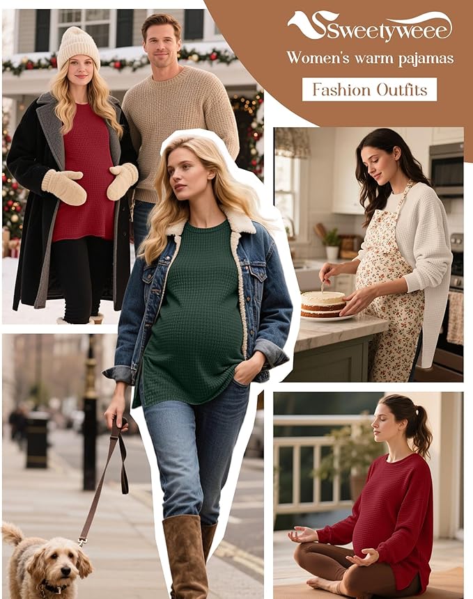 3 Pack Women's Maternity Shirts Long Sleeve Waffle Knit Side Split Oversized Tops Pregnancy Clothes Fall Tees